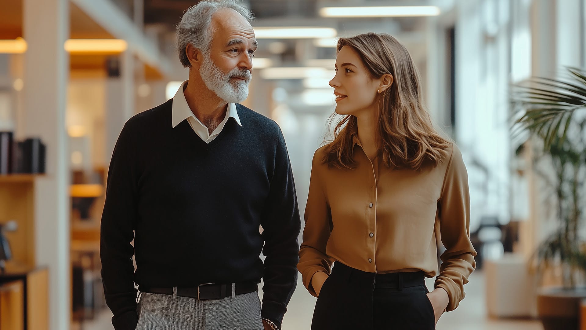 Une fille et son père marchant au sein de l'entreprise familiale