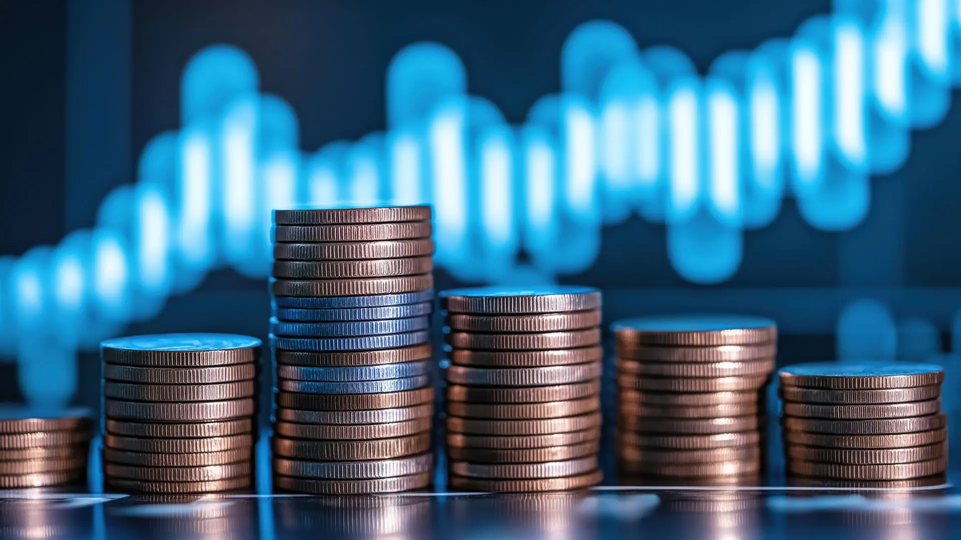 Piles de pièces avec les courbes de l'évolution de la bourse en fond
