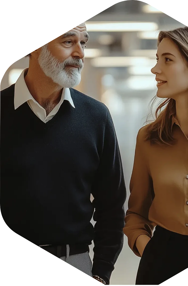 Un père et sa fille, évoquant la transmission de l'entreprise familiale Un père et sa fille, évoquant la transmission de l'entreprise familiale