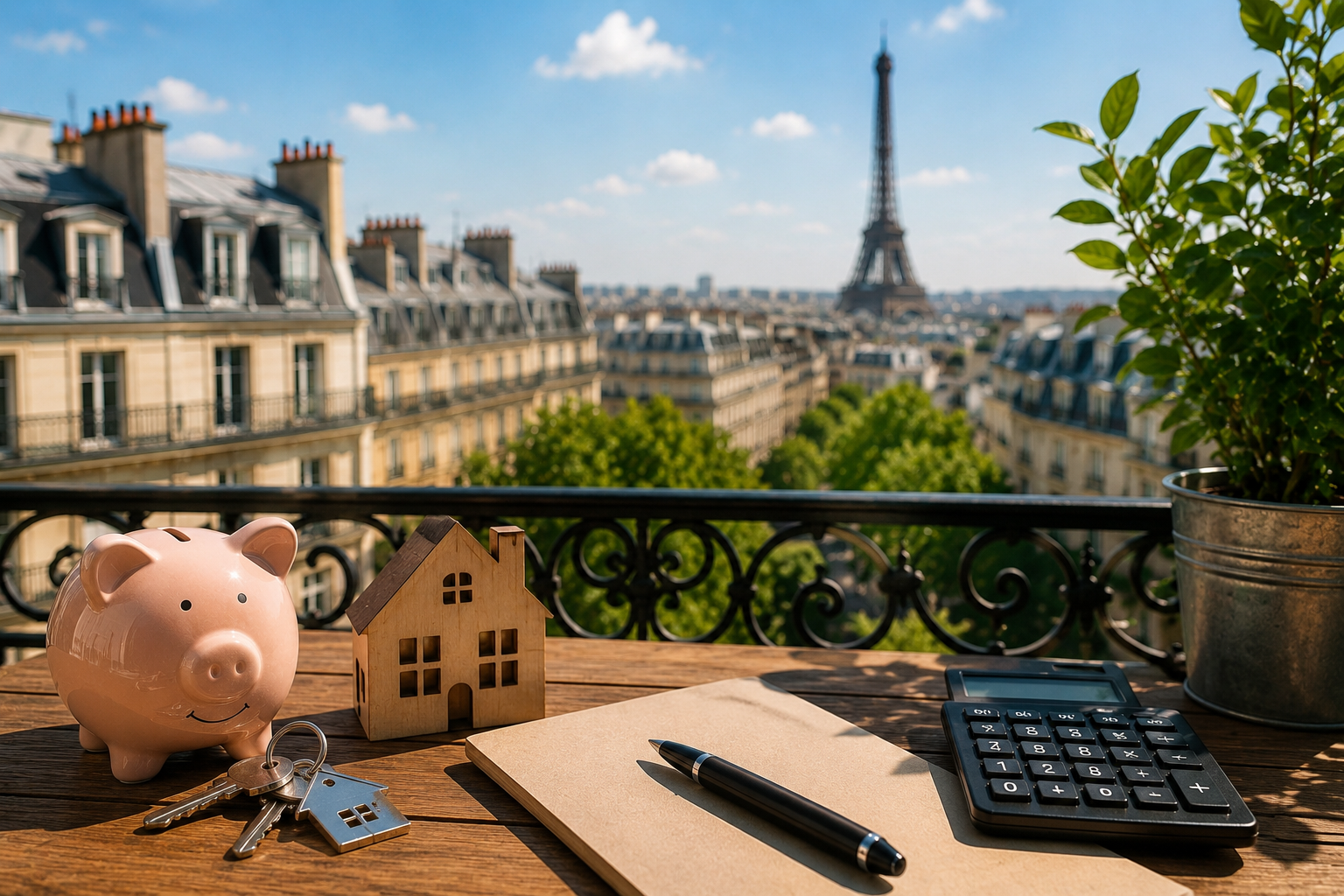 Tirelire, maquette de maison, clés et calculatrice sur une terrasse parisienne avec la Tour Eiffel en arrière-plan, illustrant un projet d'investissement locatif à Paris.