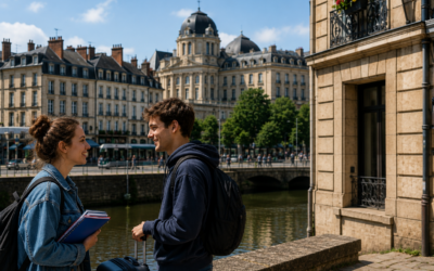 Deux étudiants avec sacs à dos et valise au bord de la Vilaine à Rennes, immeubles haussmanniens en arrière-plan