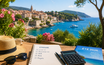 Carnet de notes, calculatrice et accessoires d'été sur une terrasse en France, symbolisant la préparation de son épargne et de ses placements avant les vacances d'été 2026.