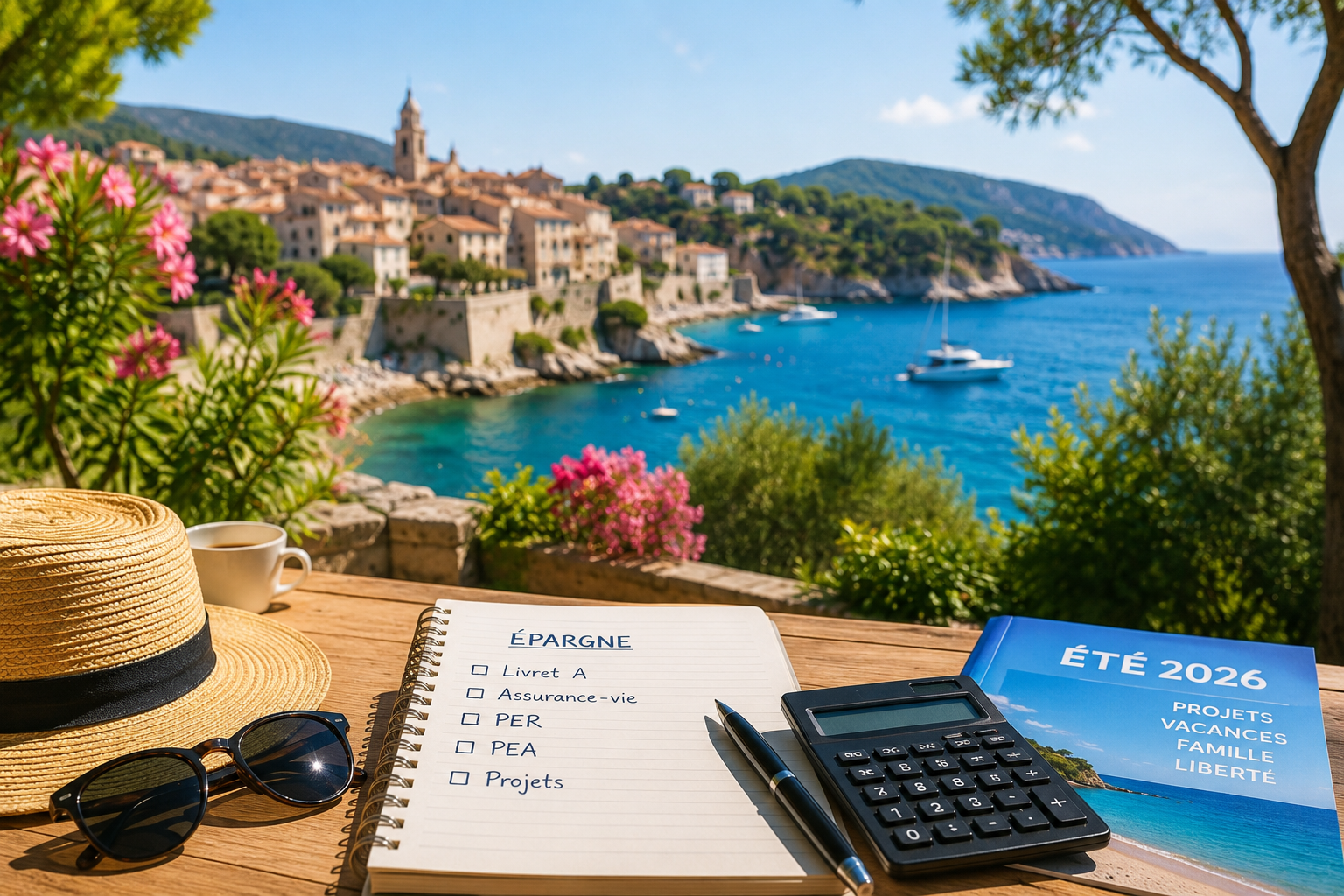 Carnet de notes, calculatrice et accessoires d'été sur une terrasse en France, symbolisant la préparation de son épargne et de ses placements avant les vacances d'été 2026.