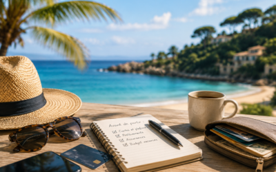 Chapeau de paille, carnet et tasse de café posés face à la mer, ambiance de vacances d'été