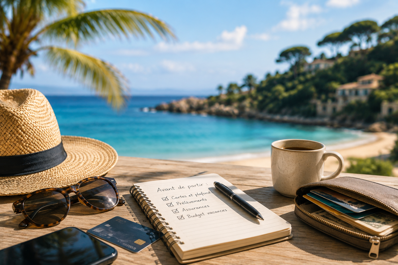 Chapeau de paille, carnet et tasse de café posés face à la mer, ambiance de vacances d'été