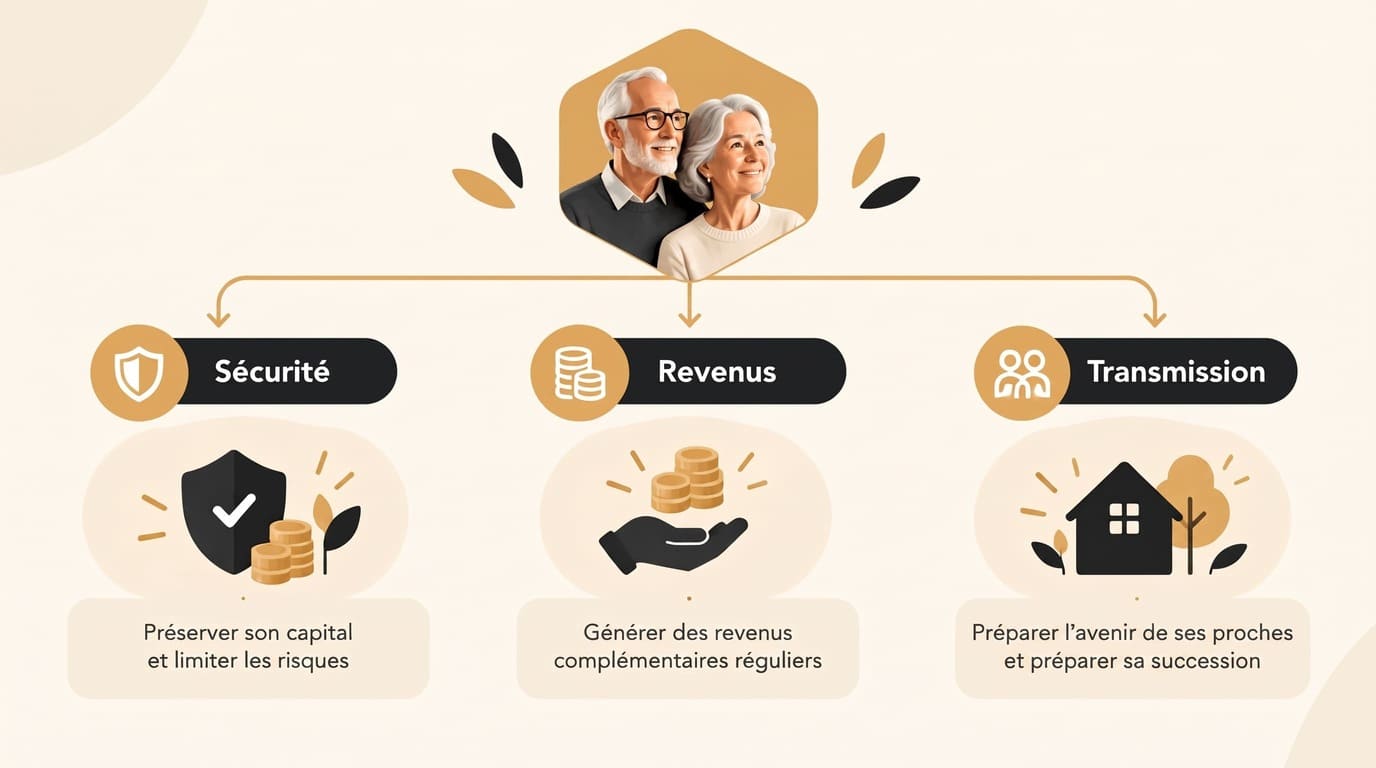 Arbre de décision du meilleur placement pour un senior selon son objectif : sécurité, revenus ou transmission